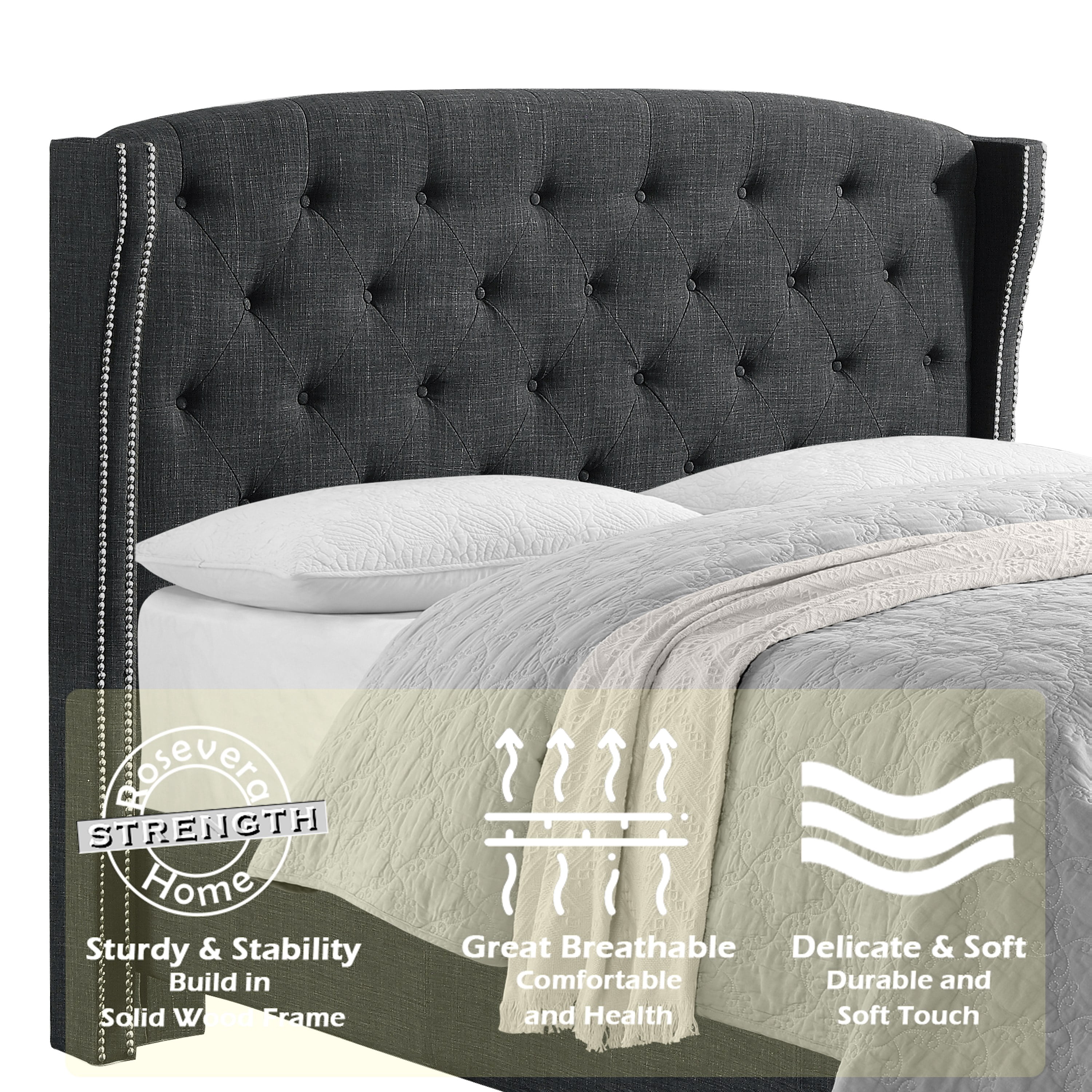 BSHTI Dark Grey Tufted Wingback Full Size Bed, Upholstered Platform Bed Frame with Button Tufted Headboard, Box Spring Needed, Modern Bedroom Furniture