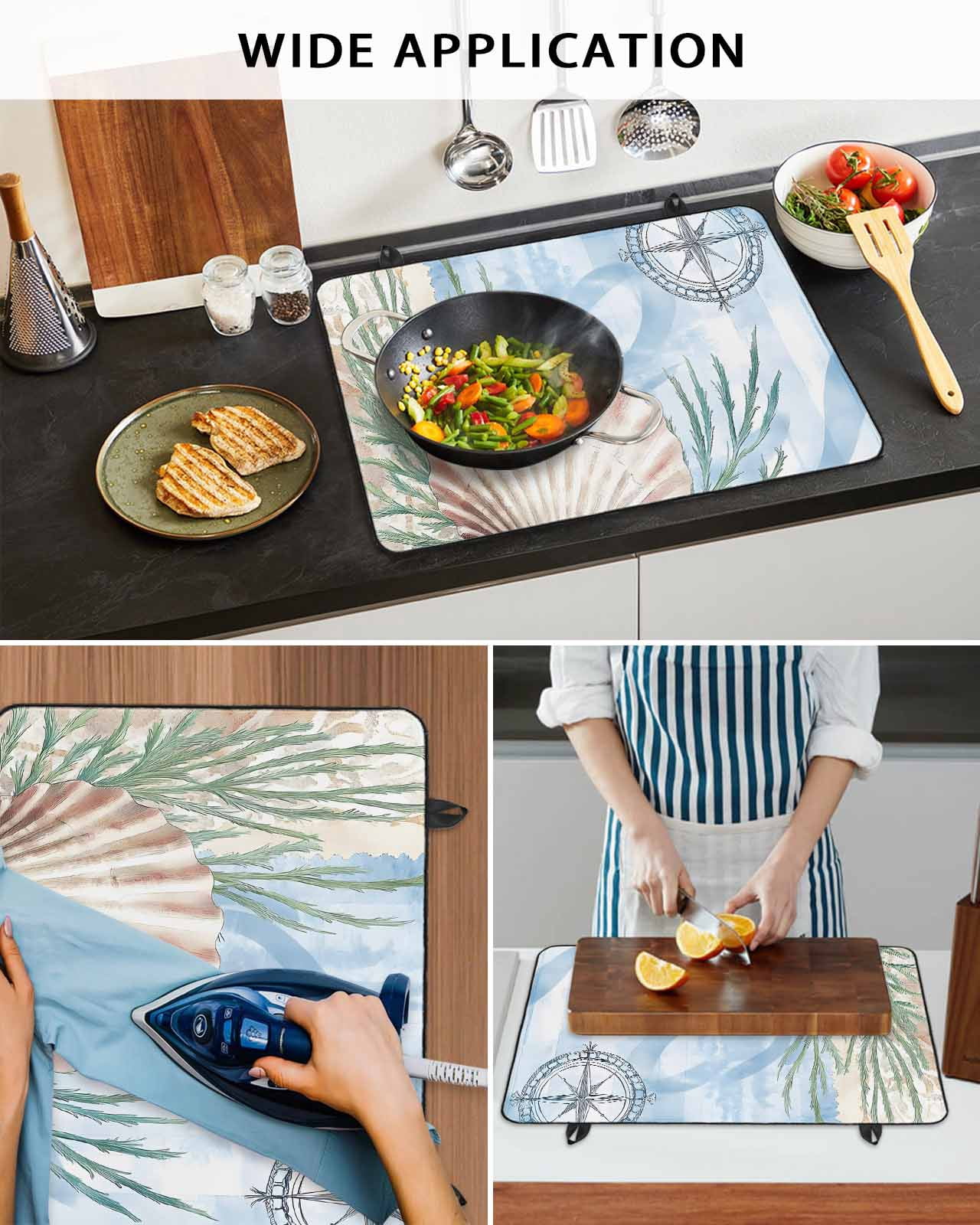 nqOlkjepod Large Induction Cooktop Protector Mat 36"x21", Ocean Nautical Stove Top Covers for Electric Stove, Summer Seaweed Shell Blue Beige Stove Burner Cover Mats, Glass Top Stove Cover