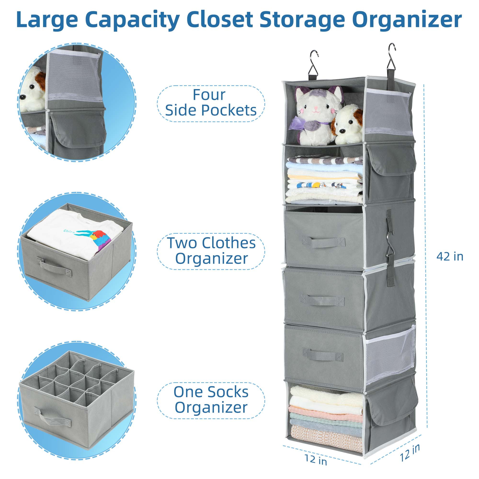 6-Shelves Hanging Closet Organizer with 5 Different Drawers, Foldable Closet  Organizers and Storage for Wardrobe, Closet& RV, Clot 