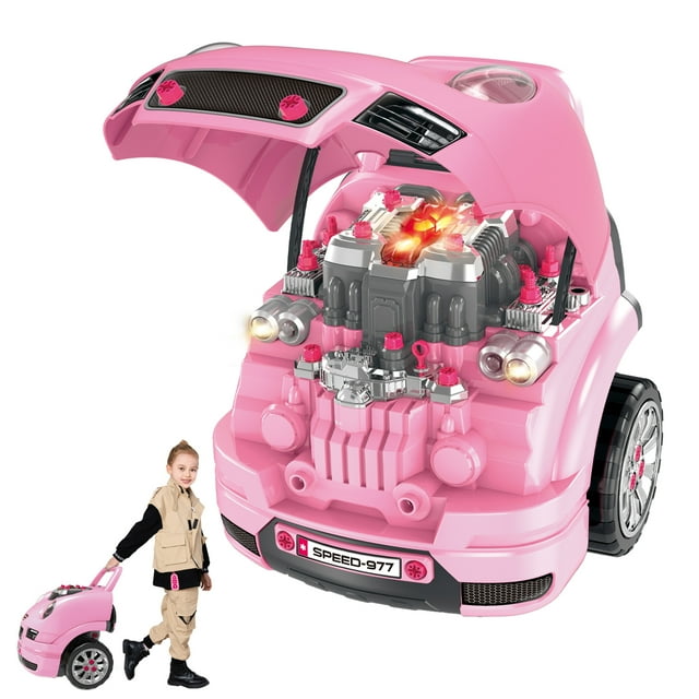 Qaba Ensemble de Jeu de Mécanicien pour Enfants, Camion et Moteur, Trousse de Réparation Automobile, Rose