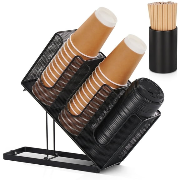Cairondin Paper Cup and Lid Holder with Straw Organizer, Disposable Coffee Cup Holder Dispenser for Countertop Coffee Station Bar Restaurant Breakroom, Black