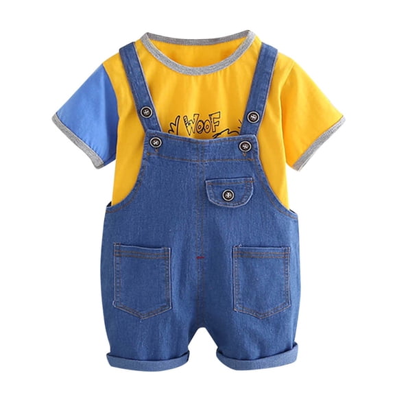 Linfrsh Boys 3t Summer Outfits Toddler Baby Boy Summer Outfit Short Sleeve Letter Print T Shirt Top and Casual Shorts Set Cute Clothes(Yellow,Size 3-4 T)