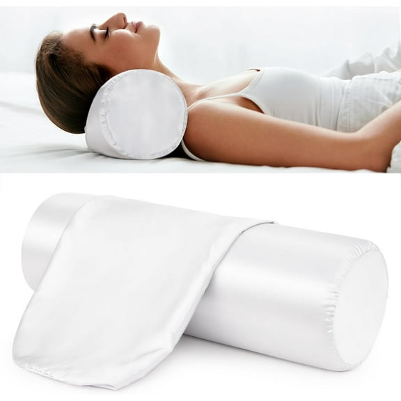 2 Pack 18x6 in White Silk Satin Neck Roll Pillow Cases Bolster Covers Round Pillowcases for Hair & Skin Breathable Silky Case Cervical