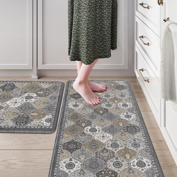 Kitchen Rugs Non Slip, Cushioned Kitchen Floor Mats Set of 2, Grey Anti-Fatigue Kitchen Mat Waterproof, Ergonomic Memory Foam Standing Mat for Bar,Office,Desk,Laundry