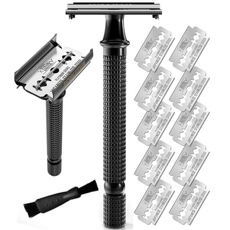 Viking Revolution - Long Handle Double Edge Safety Razor - Butterfly Open Razor 10 Japanese Stainless Steel Double Edge Blades - Close, Clean Shaving Razor Men., Black Long Handle, 12 Piece Set