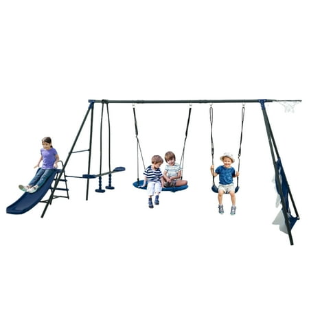 Aukfa 6 in 1 Outdoor Swing Set for Kids 450Lbs Heavy-Duty Metal Frame with Glide Ride Slide Belt Swing Disc Swing Basketball Hoop and Soccer Goals for Backyard Playground Blue