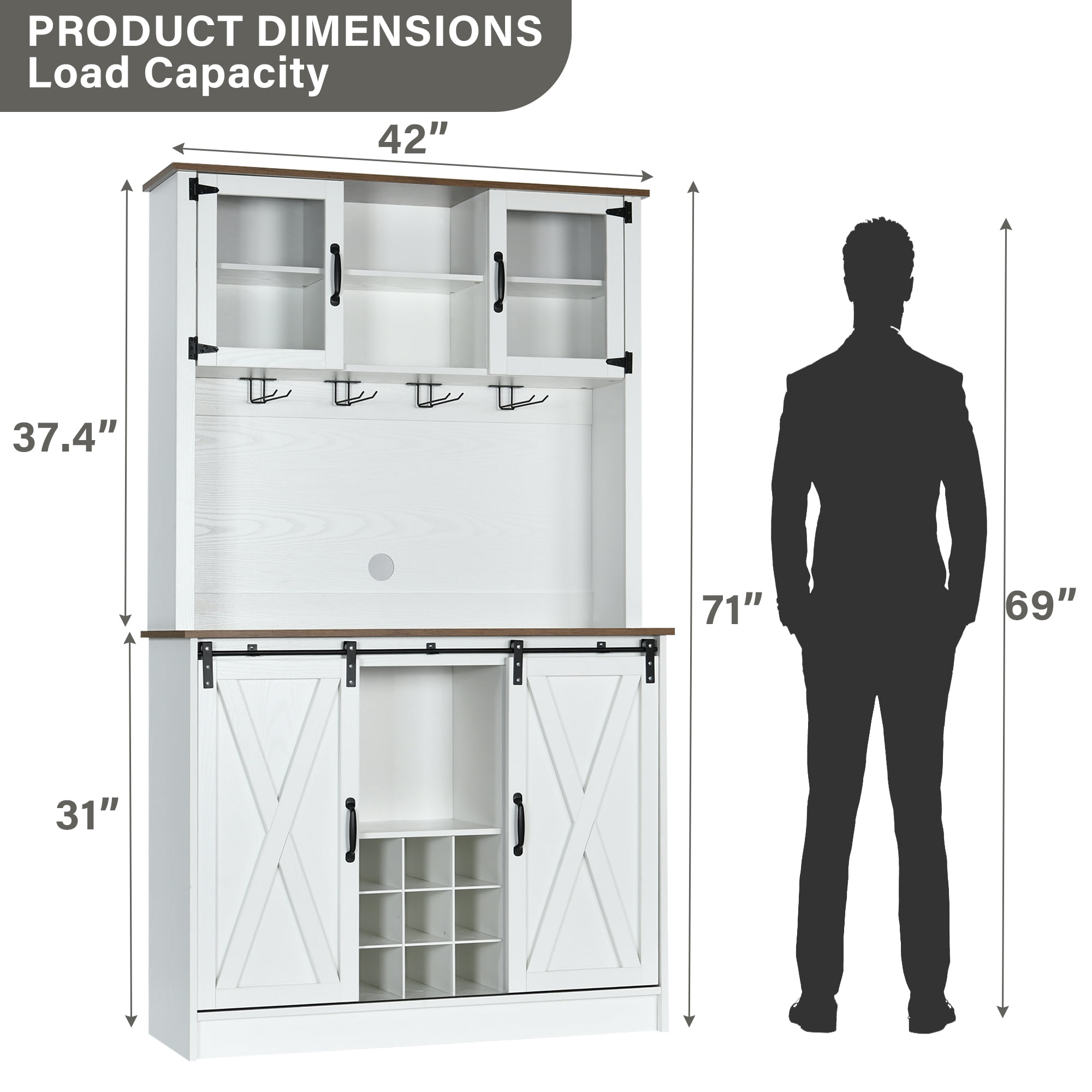 DreamCurship 72" Kitchen Pantry Storage Cabinet, Freestanding Cupboard Storage Buffet Hutch with Microwave Stand, Coffee Bar Cabinet with 9 Racks & 4 Row Wine Glass Holders, White