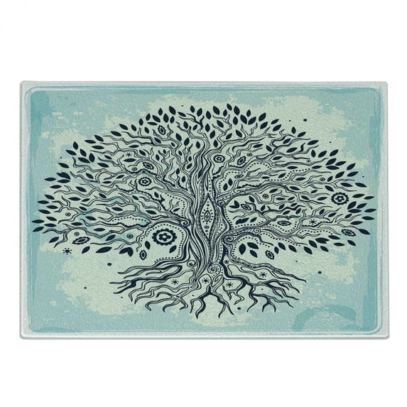 East Cutting Board, Tree of Life Chinese Bonsai Roots Bohemian Hippie Evil Eye Occult Theme, Decorative Tempered Glass Cutting and Serving Board, Small Size, Indigo Cream Pale Blue, by Ambesonne