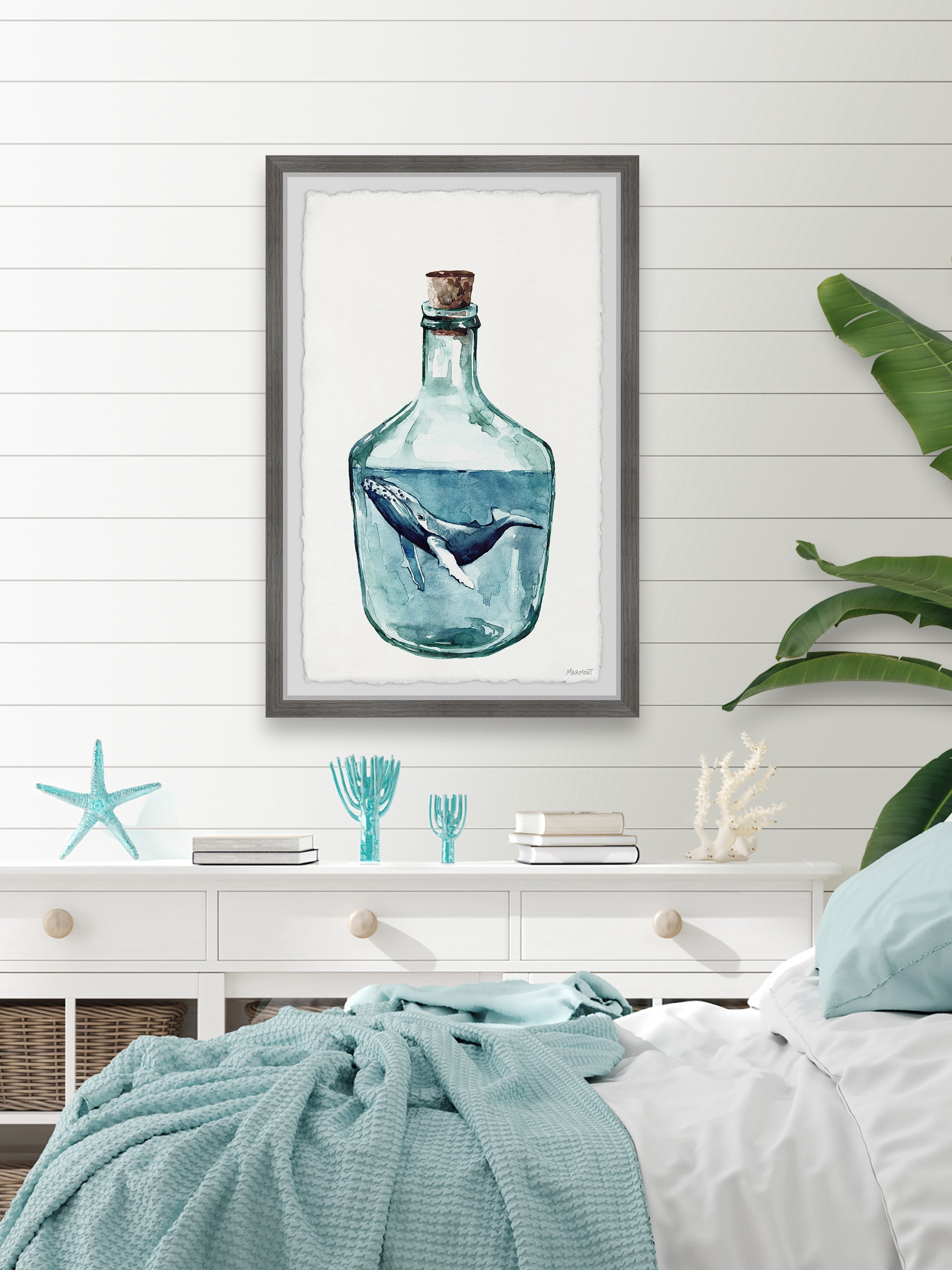Marmont Hill Whale in the Bottle Framed Wall Art, 1.50" x 8.00"