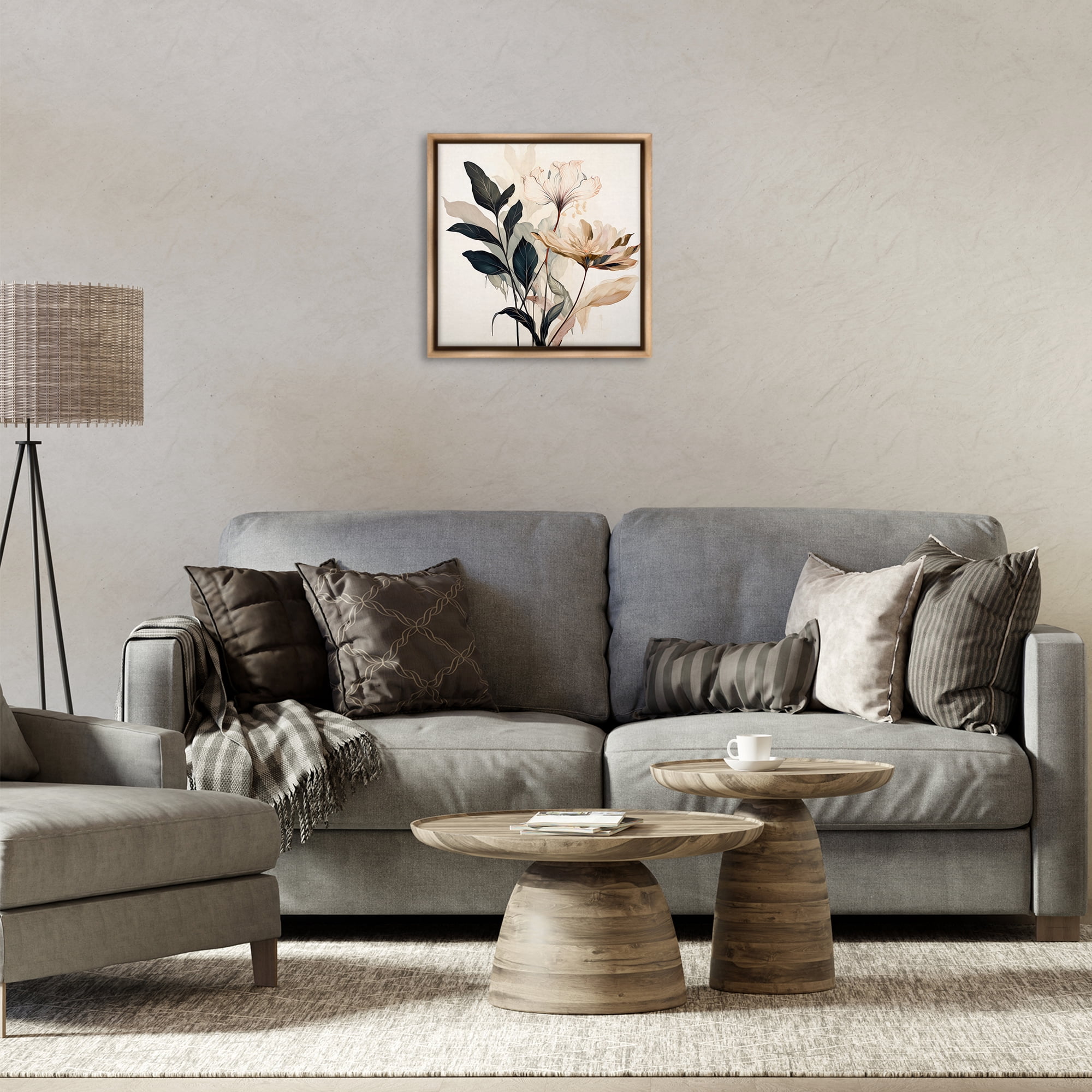 Stupell Industries Leaf Sprig & Flower Plants & Flowers Painting Brown Floater Framed Canvas Art Print Wall Art, 18 x 18