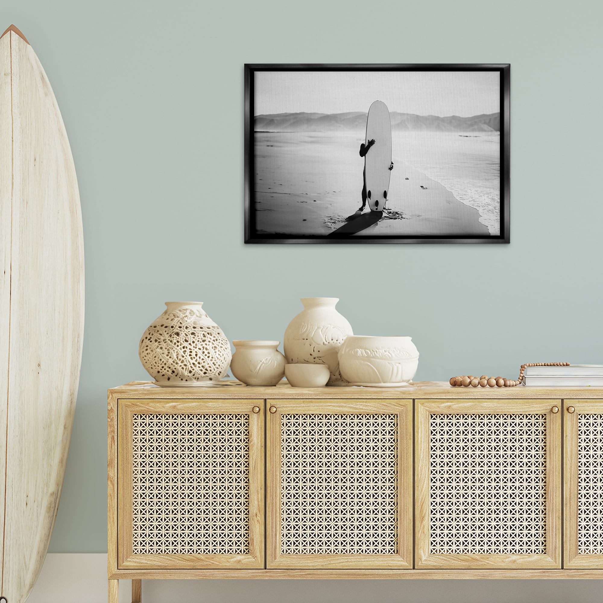 Stupell Industries Hiding with Surfboard Sports Photography Black Floater Framed Canvas Art Print Wall Art, 31 x 21