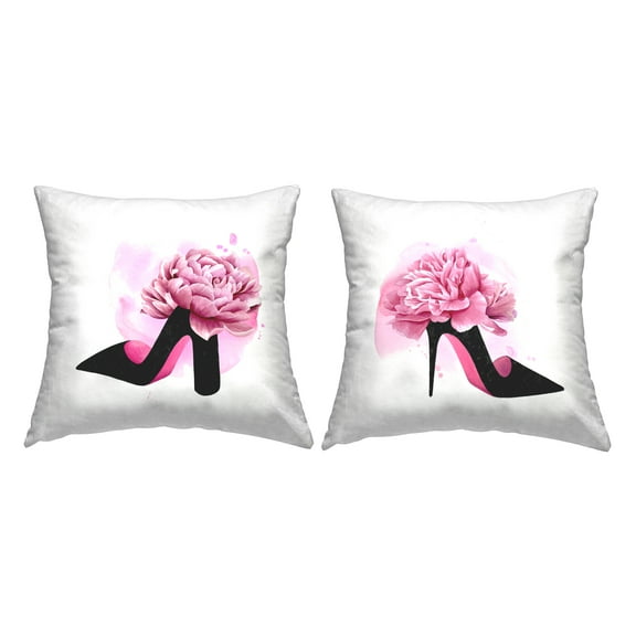 Stupell Industries Glam Fashion Heels Black Flower Shoes Pink, 18 x 7 x 18, Decorative Pillows, (Set of 2)