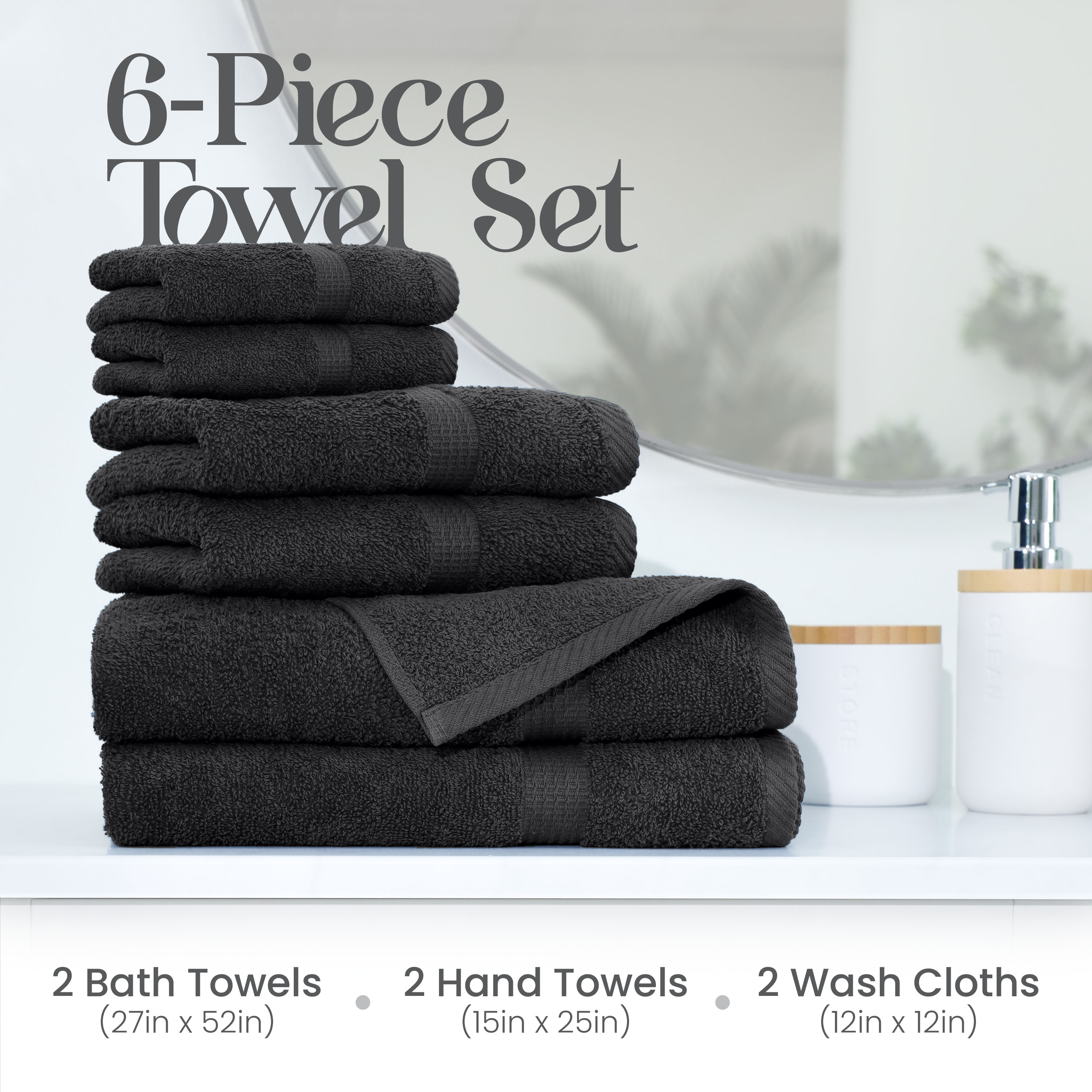 Utica 6-Piece Towel Set | 100% Cotton Soft & Absorbent Everyday Towels | Black
