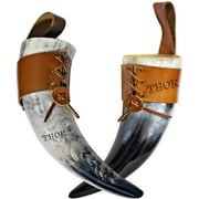 Medieval Viking Drinking Horn Mug Cup w/Brown Leather Clip Button Holster