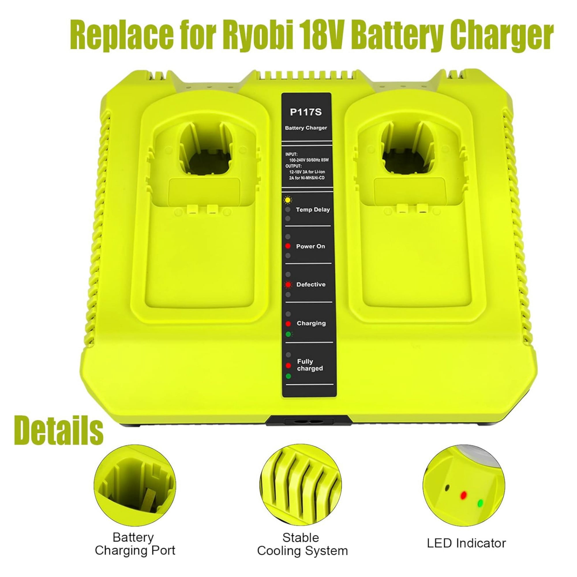 18V Fast Dual Charger for Ryobi 18V ONE+ Lithium Battery P102 P190 P107 P108