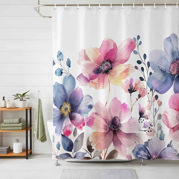 Shower Curtains for Bathroom, Pink Blue Spring Floral Waterproof Fabric Shower Curtain, Summer Botanical Watercolor Decorative Bathroom Curtain for Bathtub, 72"x72", No Hooks Included