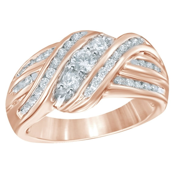 White Natural Diamond Three Stone Slant Ring in 10k Rose Gold