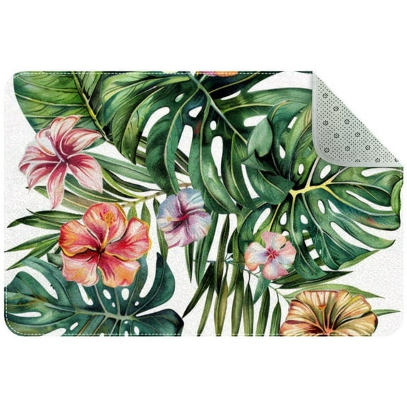 Tropical Flowers Plant Palm Leaves Entryway Rug, 2x3 Area Rug Indoor Door Mat Non-slip Washable Floor Carpet Rug for Bedroom Office Dining Room Bathroom