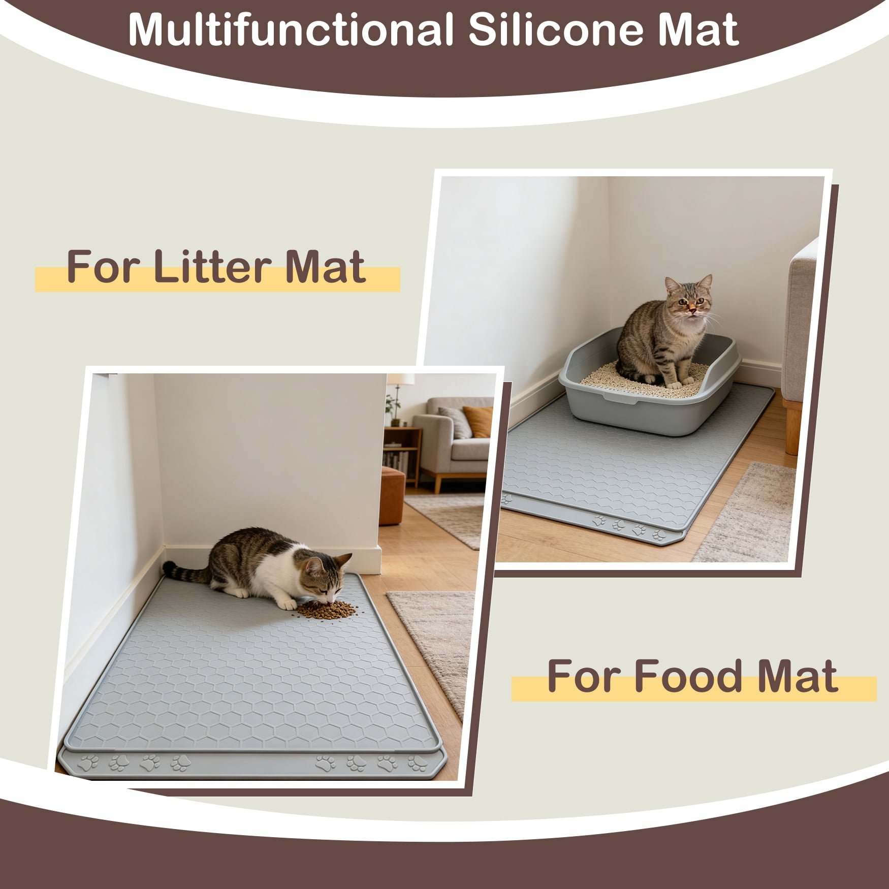 Tisoloow Silicone Large Cat Mat for Litter Box Waterproof 34" X 22" Trapping Mat for Kitty Litter Box Easy to Clean Scatter Control Non-Slip Durable Pad for Floor Grey