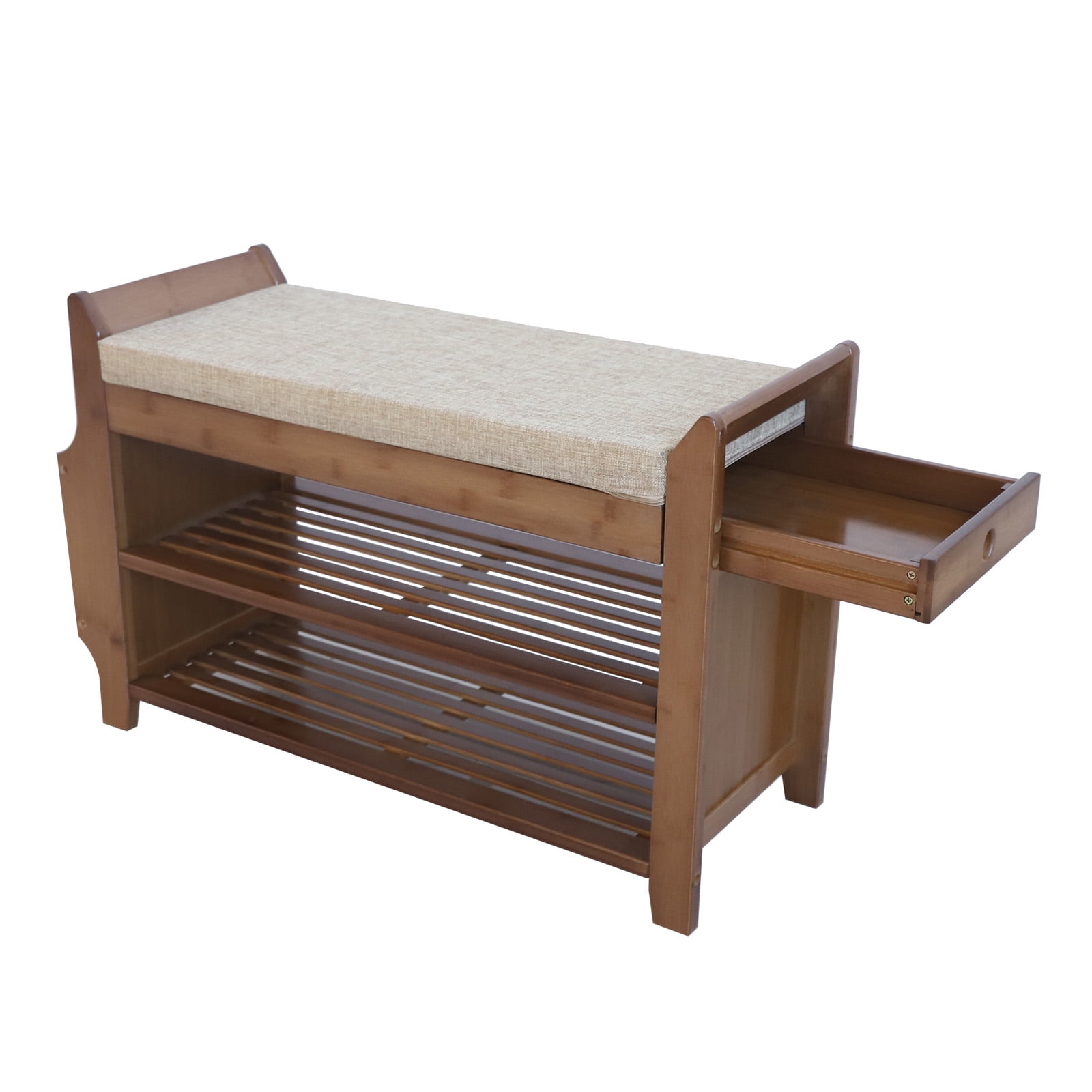 ANQIDI 2 Tier Shoe Rack Bench, Boot Organizer Bamboo Cushion Storage Shelf w/Soft Seat for Hallway Entryway