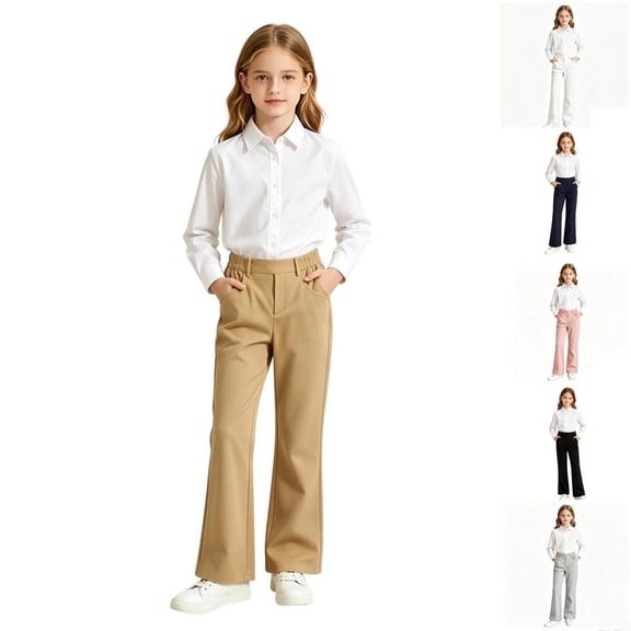Uniform Pants for Girls,Back To School Outfits for Girls,Bootcut School Uniform Slacks Flared Pants Elastic Waist Pull On Straight Leg Long Trousers
