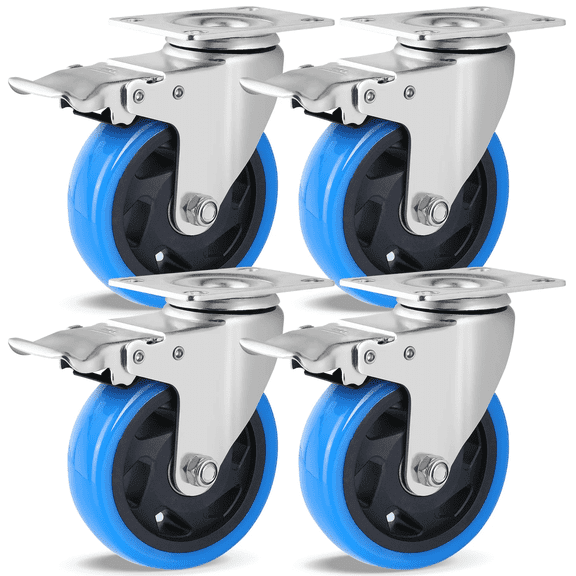 TLGREEN 4pc 4 inch 360° Swivel Caster Wheels with Brakes, 1322lbs Capacity, Polyurethane, for Office Chair & Industrial Use