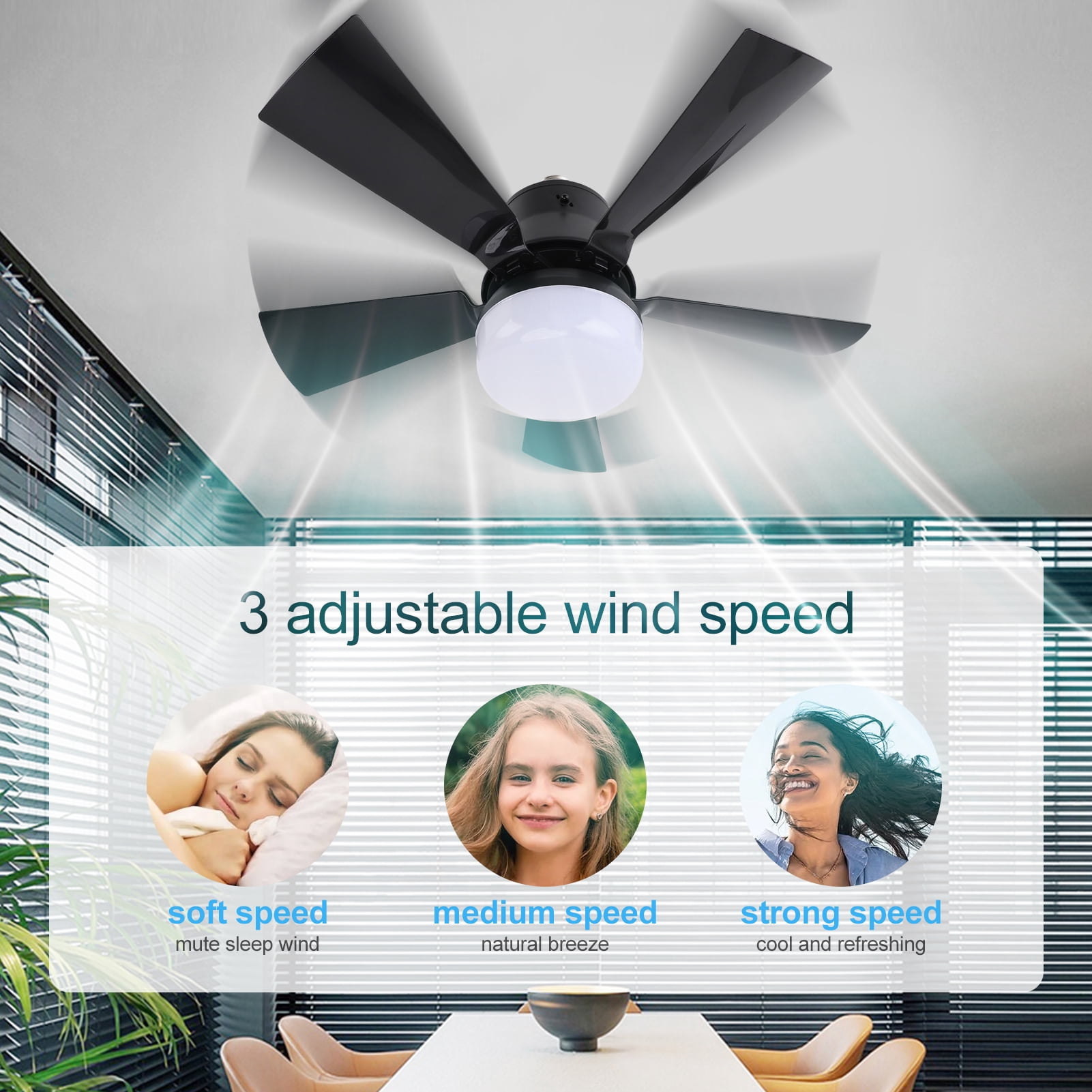 Socket Fan Light with Remote, 16” Screw Ceiling Fans with 3-Speeds, Dimmable LED, E26/E27 Base, Socket Fan Ceiling Fan for Garage Bathroom Bedroom Kitchen, Black Round Lamp