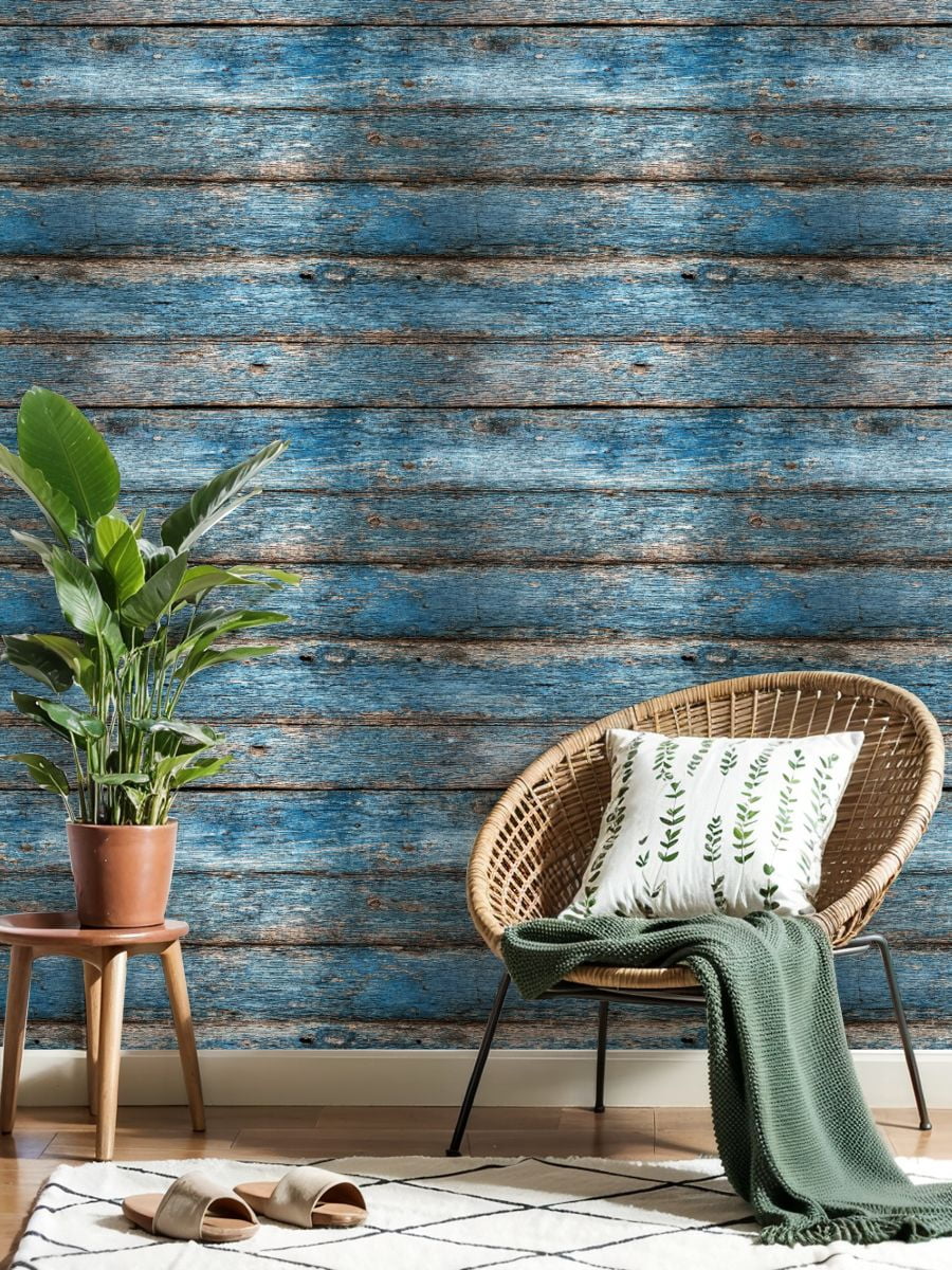 Peel and Stick Wallpaper Blue Weathered Wooden Planks Rustic Wood Texture Wall Mural 17.7in x 9.8ft Self Adhesive Removable Wall Paper Renter Friendly Wallpaper for Nursery Bedroom Cabinets