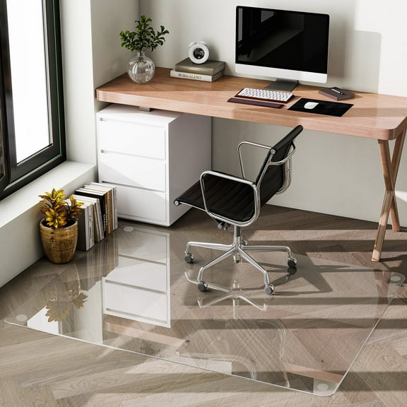YVANLA 36" x 46" Office Chair Glass Mat for Carpet Tempered Glass Floor Mat with 4 Anti-Slip Pads