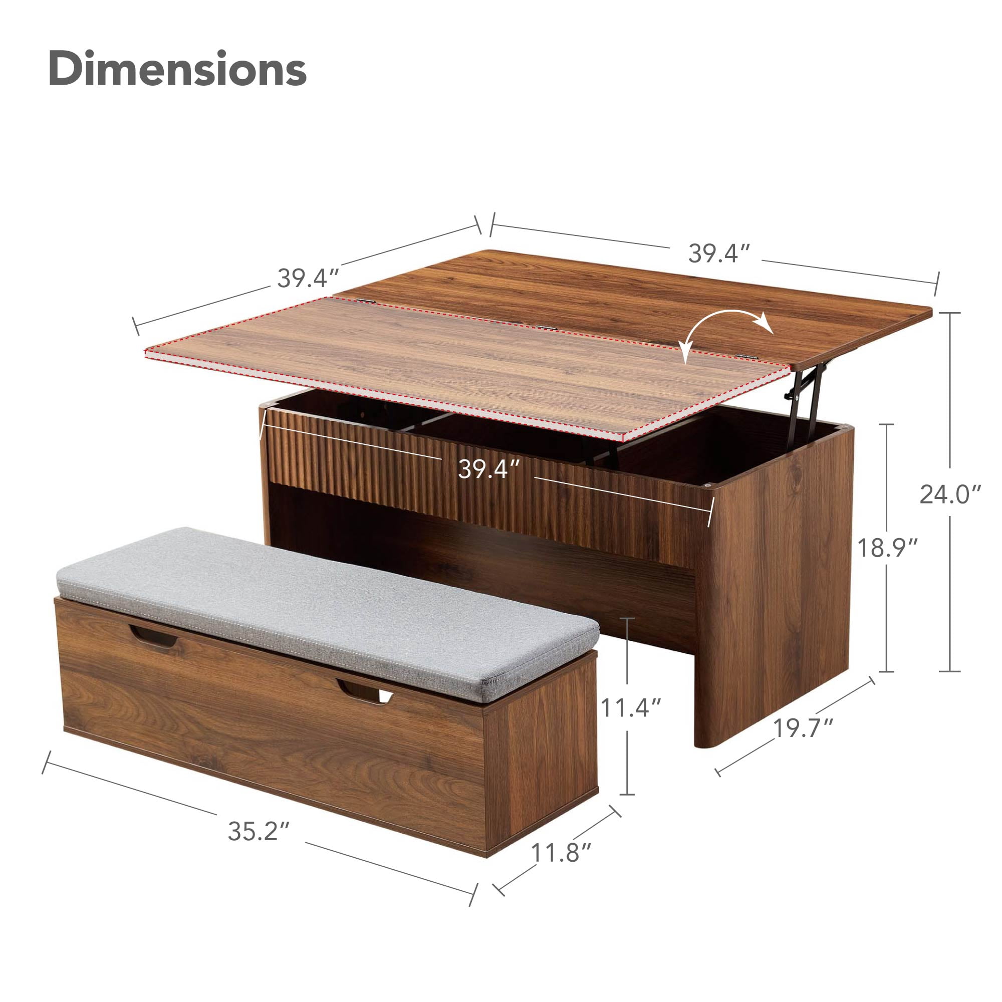 Spruce & Spring 39" Dual Lift Top Coffee Table with Upholstered Bench & Storage, 4-in-1 Convertible Work Table for Living Room & Apartment, Walnut