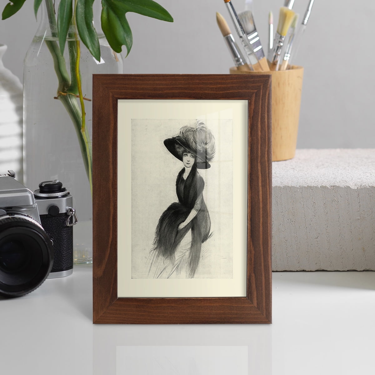 Feather Hat II -Framed Print w/glass-Chestnut