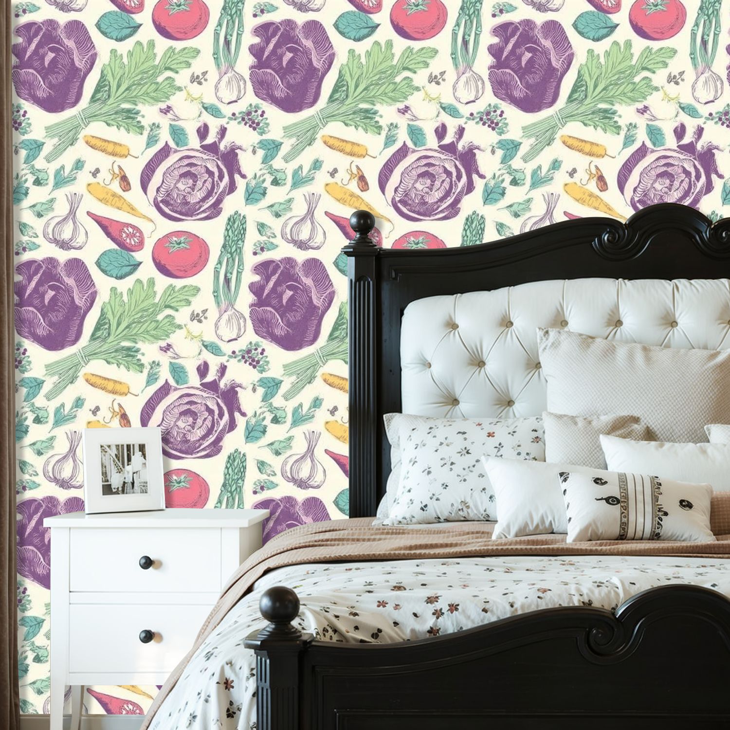 Modern Peel and Stick Wallpaper 23.6in x 9.8ft Botanical Colorful Vegetables Fresh Herbs Contact Paper Self-Adhesive Removable Wall Paper for Bedroom Kitchen Cabinet Renter Friendly
