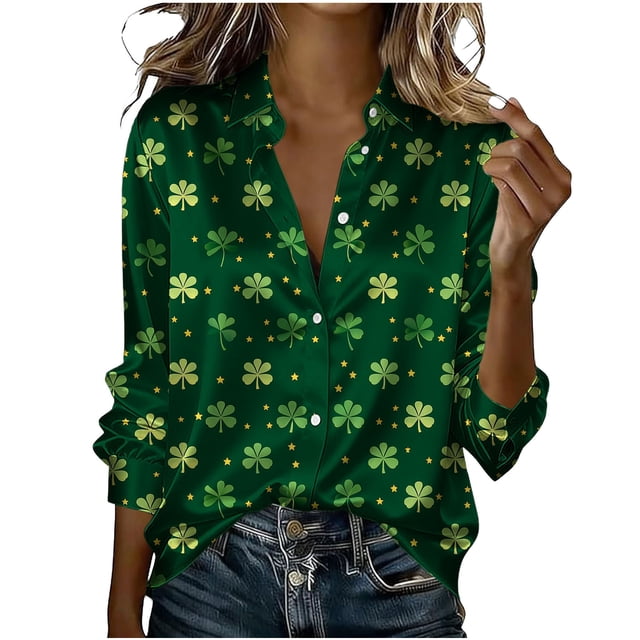 Haut de la Saint-Patrick pour Femme, Chemise Verte à Manches Longues Boutonnée, Blouse Décontractée Boutonnée avec Col Rabattu, Haut en Polyester Tendance pour la Maison et le Quotidien, Idées de Tenue pour la Saint-Patrick
