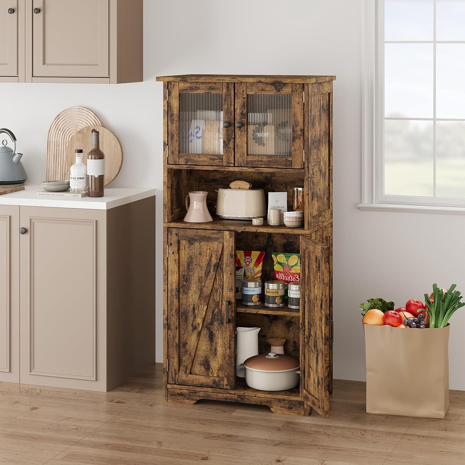 HOSSLLY Bathroom Storage Cabinet, Freestanding Bathroom Cabinet with Open Storage, Kitchen Pantry Cabinet with Doors for Living Room, Bathroom Floor Cabinet, Brown