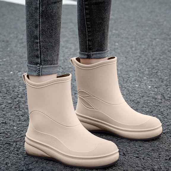 Women Mid Calf Waterproof Rain Boots, Matte Rubber Slip On Chunky Sole Mud Boots for Outdoor Rainy Days White 38