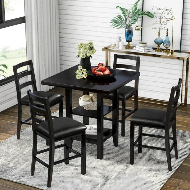 Dining Table Set With 4 Padded Chairs And Storage Shelves 5 Piece Wood Kitchen Dining Table Set With 4 Padded Chairs, Modern Counter Height Dining Table