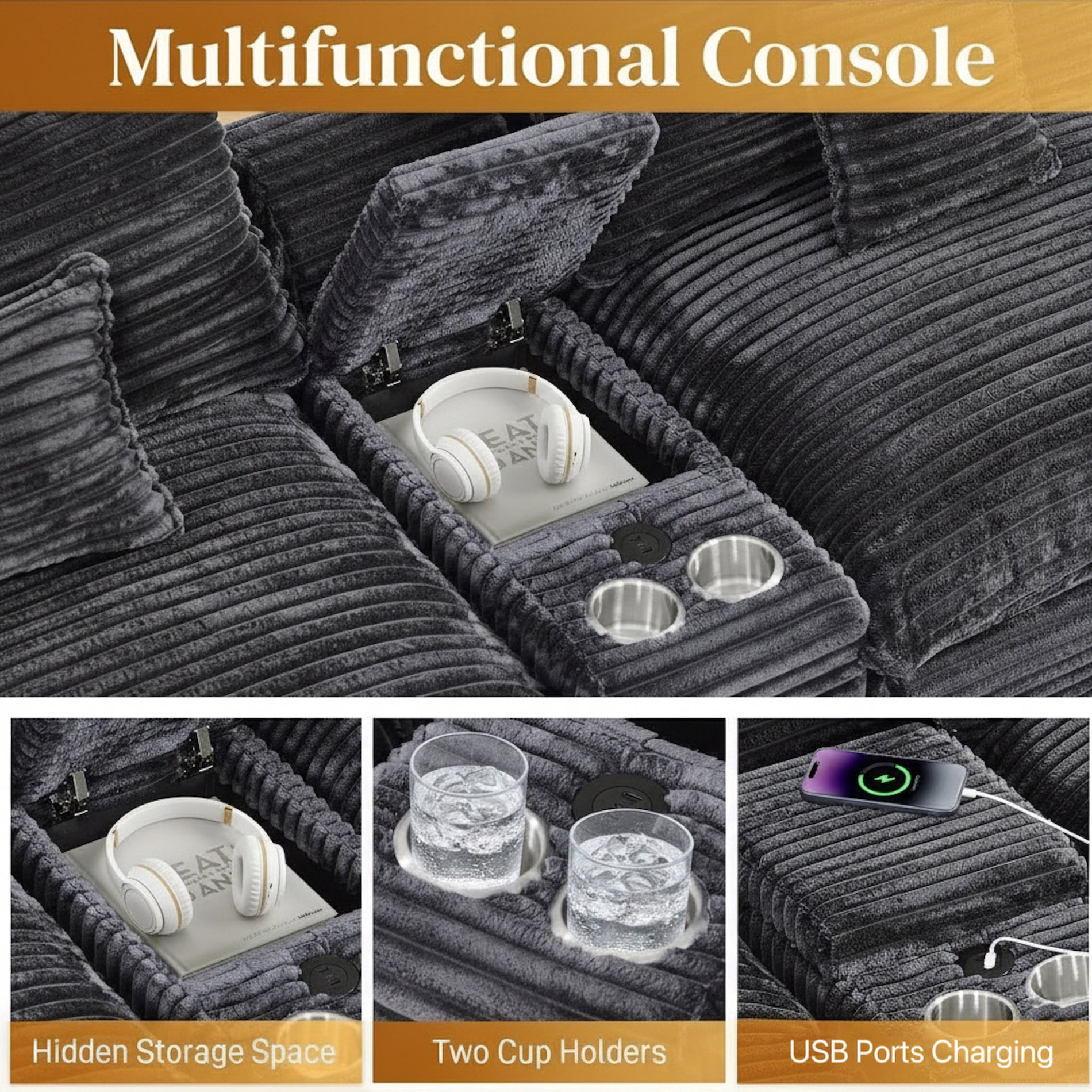Vinform 145" U Shaped Cloud Couch Sectional with USB Charging, Hidden Storage, Cup Holders & Double Chaise, Grey