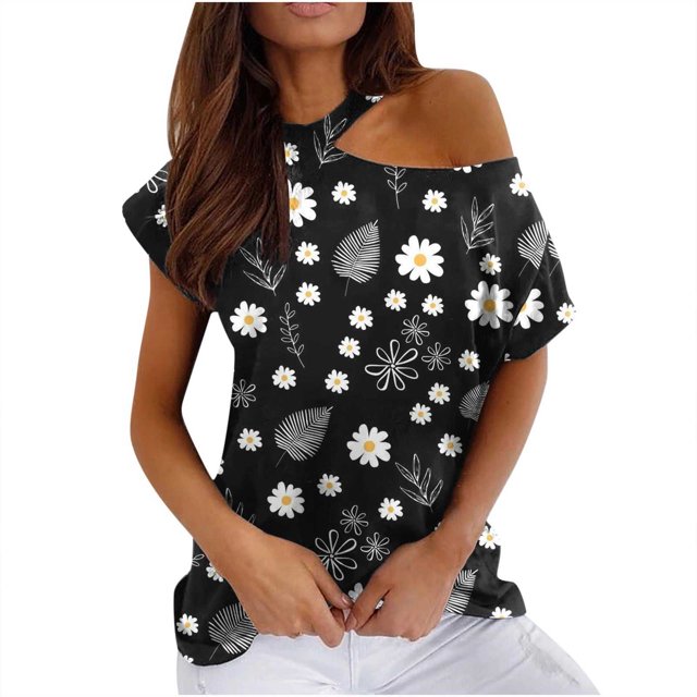 Mujeres Verano Cuello Redondo Manga Corta Estampado Sin Tirantes Camiseta Tops Blusas OAVQHLG3B Store lin121212