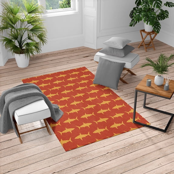 Sea Animals Turkish Area Rug, Sharks Swimming Horizontal Silhouettes Powerful Dangerous Wild Life, Soft Carpet for Living Room Decor, 4' X 5.7', Red and Pale Orange, by Ambesonne