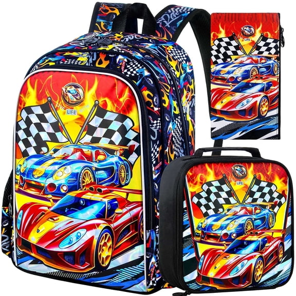 Cars Backpack Set for Boys, 3Pcs 16" School Bookbag with Lunch Box, Kids Backpack for Elementary Preschool Kindergarten