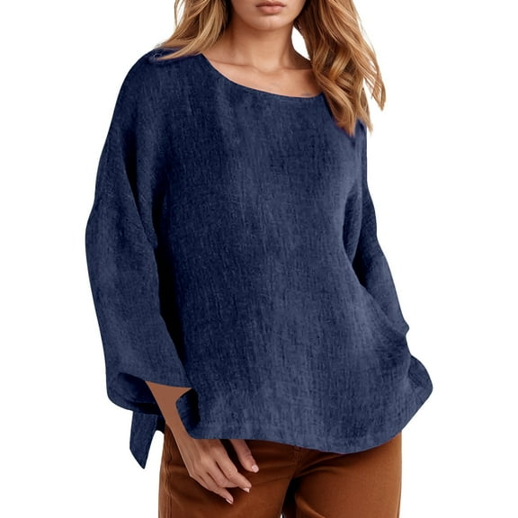 MIXUE Women Blouses Solid Color Round Neck Long Sleeve Loose Fit Casual Womens Summer Tops Holiday Wear,Blue,XXXXL