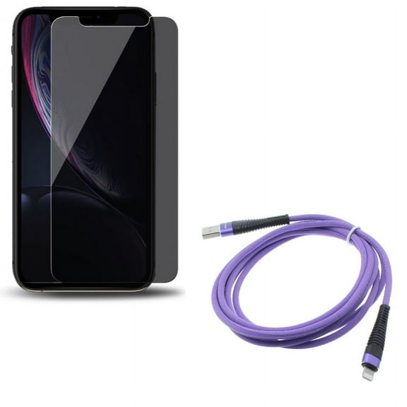 iPhone XS/X - Tempered Glass Privacy Screen Protector w Purple 6ft USB Cable - Curved Anti-Spy Anti-Peep 3D Edge Case Friendly, Charger Cord Power Wire Braided Long Sync