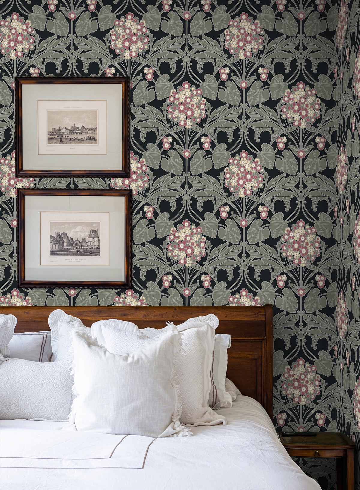 NextWall Black & Rosewood Hydrangea Floral Peel and Stick Wallpaper - 20.9 in. W x 18 ft. L Roll