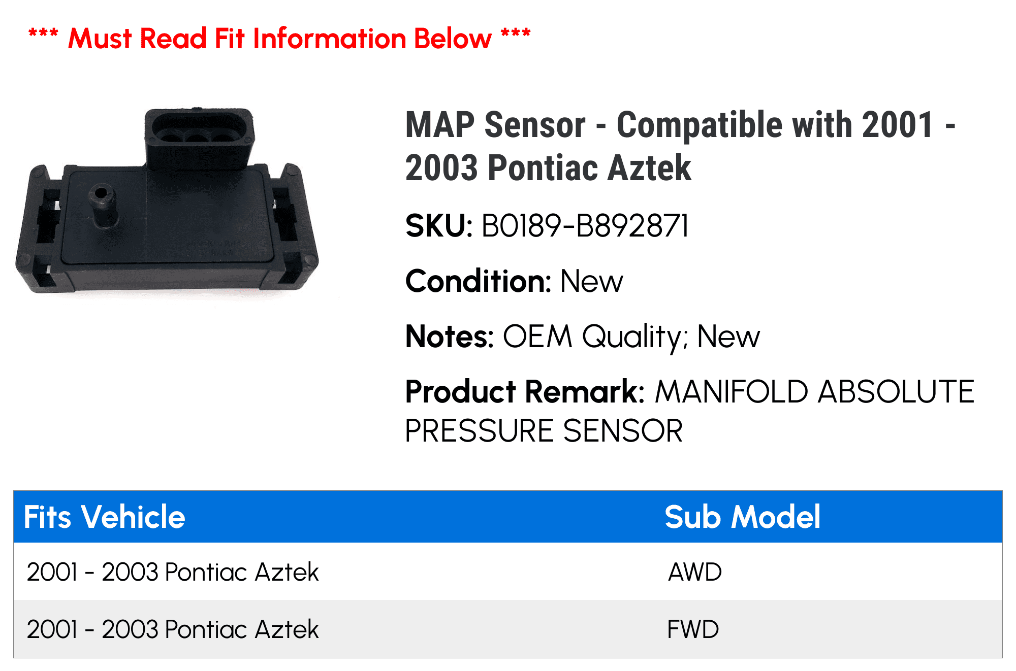 MAP Sensor - Compatible with 2001 - 2003 Pontiac Aztek 2002