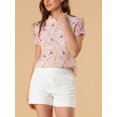 thumbnail image 5 of MODA NOVA Junior's Leisure Ruffle Mock Neck Short Sleeves Keyhole Floral Blouse Pink S, 5 of 6