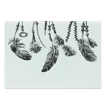 Tribal Cutting Board, Tribal Feathers for Wisdom and Strength, Decorative Tempered Glass Cutting and Serving Board, Large Size, White and Black, by Ambesonne