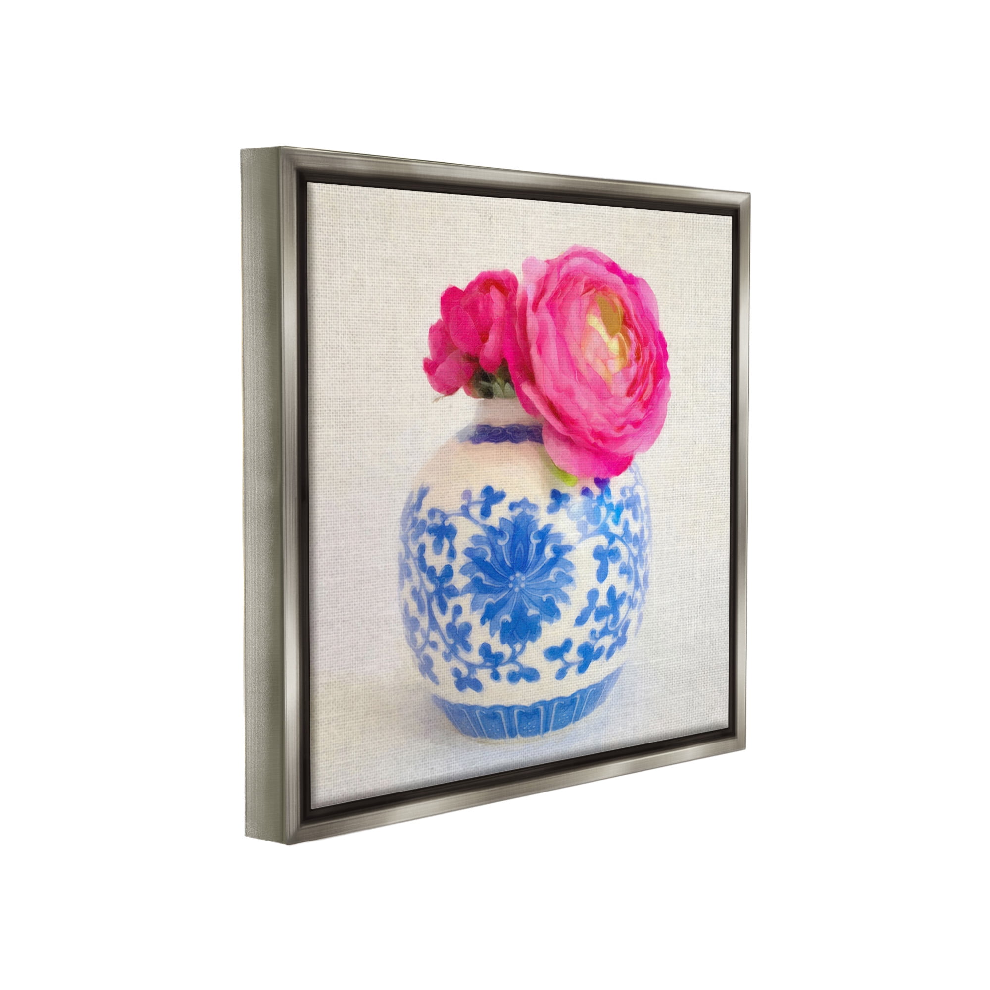 Stupell Industries Pink Bloom & Ornate Vase Botanical & Floral Painting Gray Floater Framed Canvas Art Print Wall Art, 18 x 18