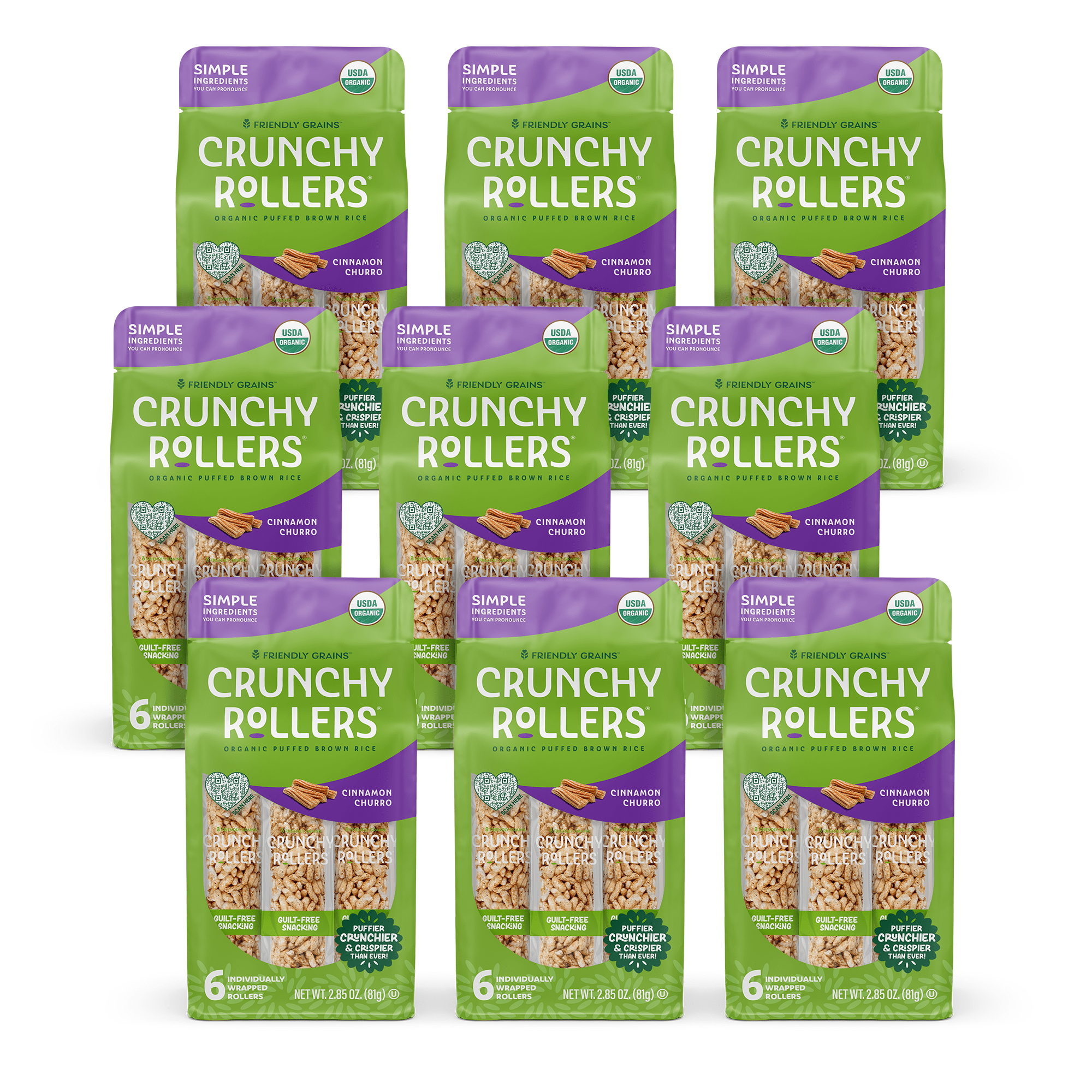 Friendly Grains Crunchy Rollers Cinnamon Churro Gluten-Free Shelf-Stable Crunchy 9 Pack 2.85 oz