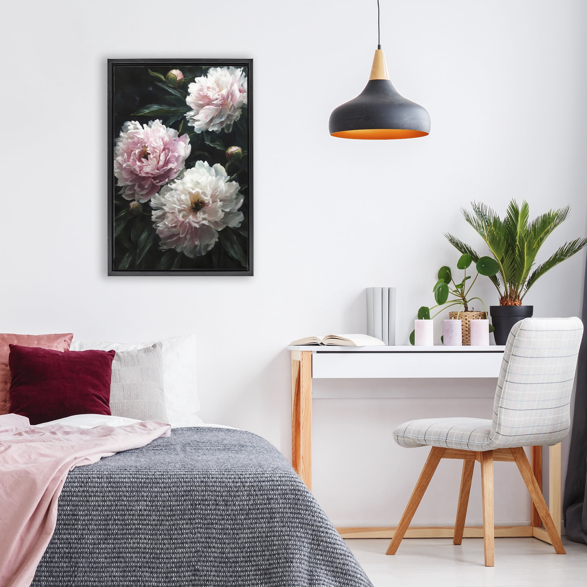 Stupell Industries Soft Pink Peony Garden Black Framed Floater Canvas Wall Art, design by Petal Prints Design