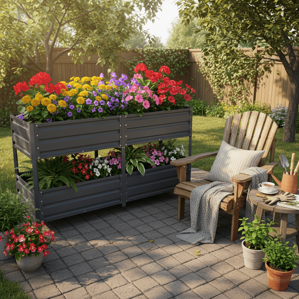 Mintazer 2-Tier Elevated Metal Raised Garden Bed with Lockable Wheels, 2-Layer Raised Planter Box for Backyard Patio Balcony Greenhouse, Dark Gray